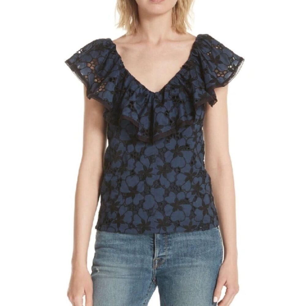 Rebecca Taylor Adriana Embroidered Ruffle Blue Blueberry Eyelet 6
